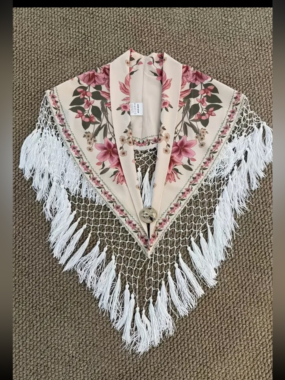 Floral Pink & White Fringe Triangle Scarf Wrap - Picture 11 of 11